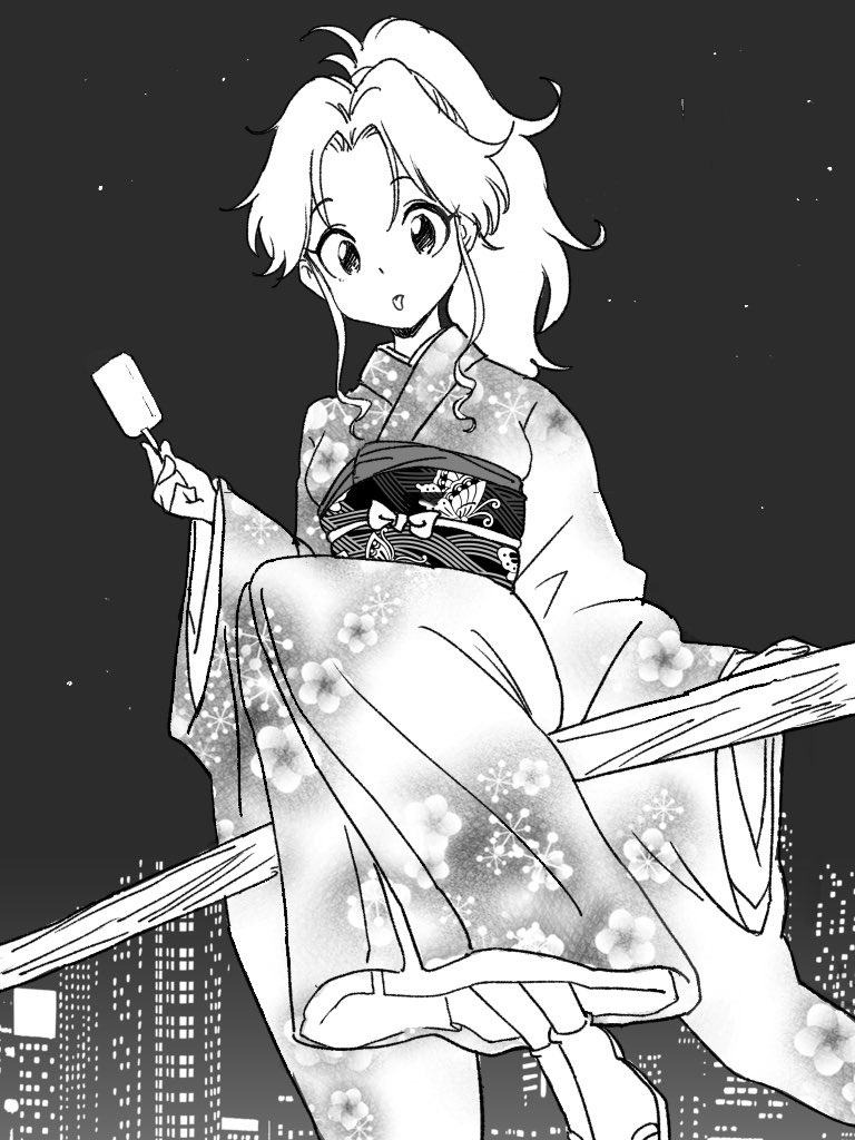 1girl botan_(yu_yu_hakusho) broom broom_riding city floating food full_body greyscale holding holding_food holding_ice_cream ice_cream japanese_clothes kajino_(aosansai) kimono long_hair looking_at_viewer monochrome ponytail solo tongue tongue_out yu_yu_hakusho