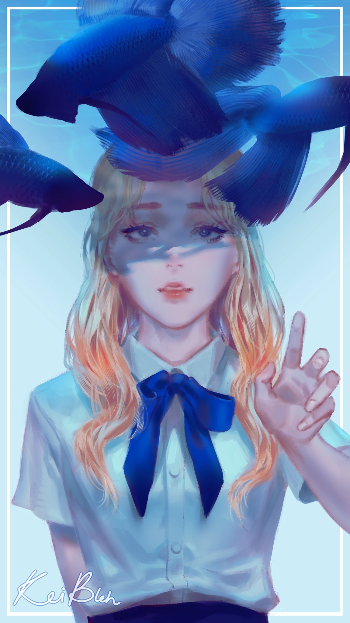 1girl blonde_hair blue_bow blue_bowtie blue_eyes bow bowtie fish hand_up highres jinsoul keibleh long_hair looking_at_viewer loona_(group) parted_lips real_life school_uniform shirt short_sleeves siamese_fighting_fish solo underwater upper_body white_shirt