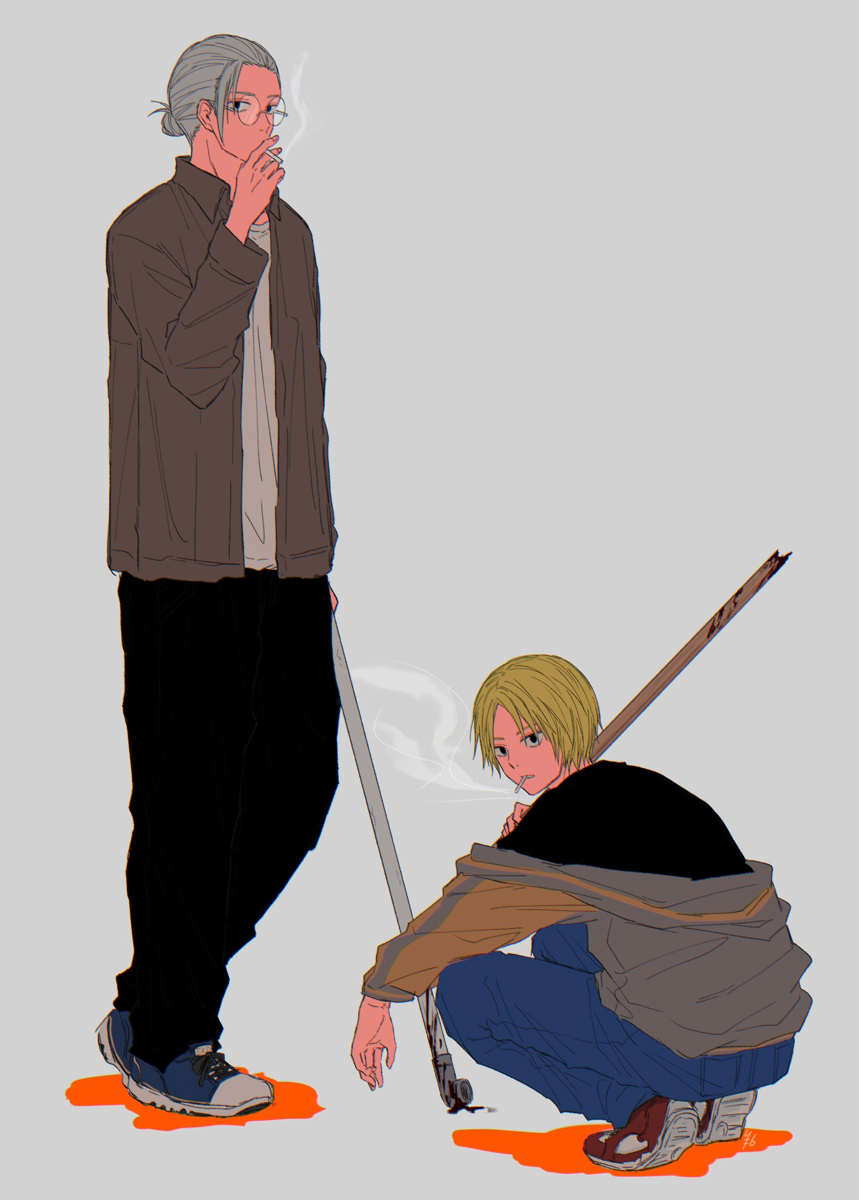 2boys blonde_hair blood blood_on_shoes cigarette grey_hair highres holding holding_weapon improvised_weapon jacket looking_at_viewer multiple_boys open_clothes open_jacket orange_blood pole rokuen_skd sakamoto_days sakamoto_taro shin_(sakamoto_days) smoking squatting weapon