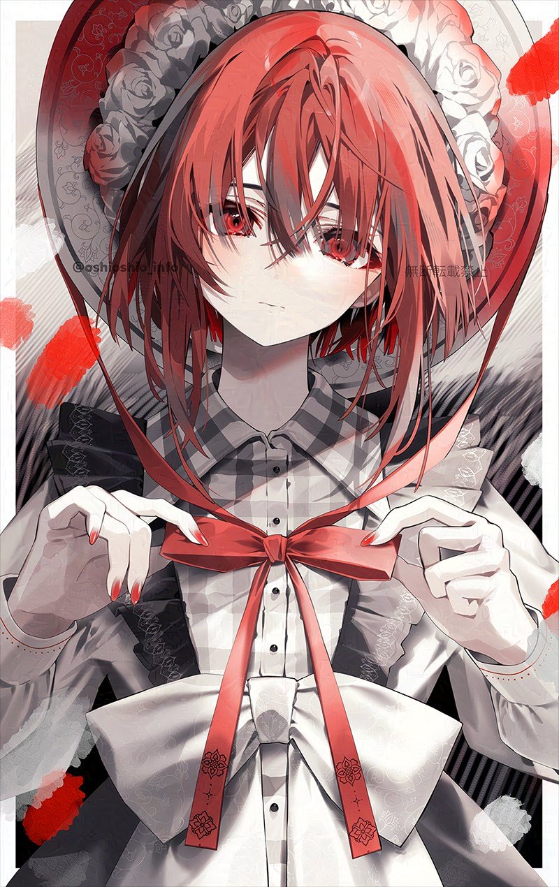 1girl bow buttons closed_mouth collared_shirt expressionless fingernails flower frills hair_between_eyes hair_flower hair_ornament hat highres jacket long_sleeves looking_at_viewer original oshio_(dayo) plaid plaid_shirt red_bow red_eyes red_hair red_nails red_theme rose shirt solo upper_body white_bow white_flower white_rose