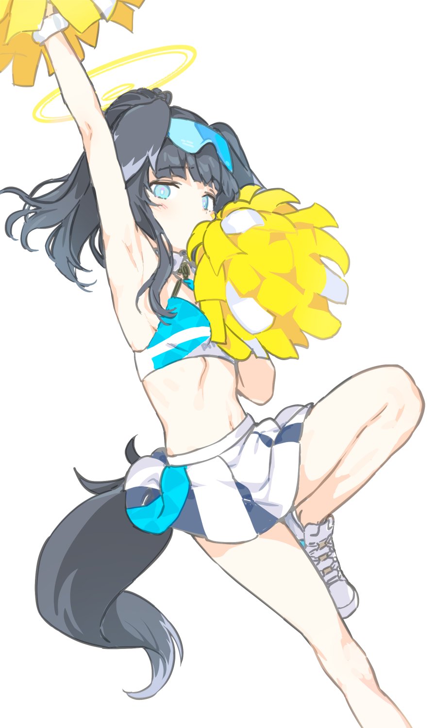 1girl animal_ears arm_up armpits black_hair black_tail blue_archive breasts cheerleader covered_mouth dog_ears dog_girl dog_tail haimura_kiyotaka halo hibiki_(blue_archive) hibiki_(cheer_squad)_(blue_archive) highres knee_up looking_at_viewer medium_hair millennium_cheerleader_outfit_(blue_archive) navel ponytail shoes simple_background skirt small_breasts sneakers solo tail white_background white_footwear white_skirt