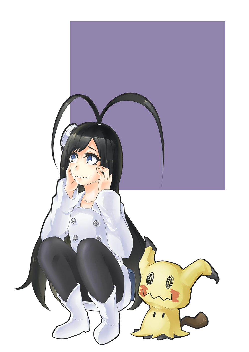 1boy @_@ antenna_hair black_eyes black_hair black_pantyhose bleach blue_eyes blush boots coat collarbone eyelashes fake_tail giselle_gewelle hands_on_own_face highres long_hair mimikyu otoko_no_ko pantyhose pokemon pokemon_(creature) solo squatting tail tilted_headwear very_long_hair wavy_mouth white_coat white_footwear white_hat zzz999123