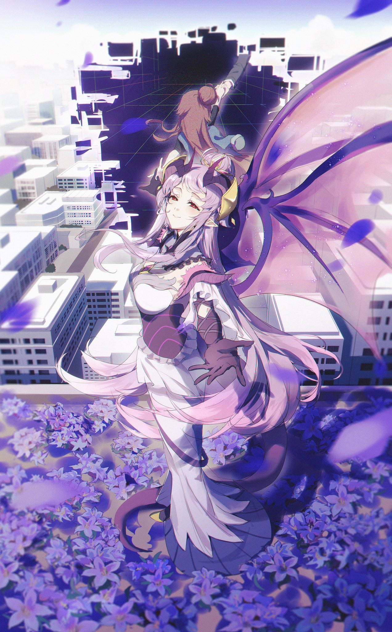 bead_necklace beads curled_horns dragon_girl dragon_horns dragon_wings gloves hair_bun highres homare_(princess_connect!) horns jewelry necklace pointy_ears princess_connect! purple_gloves purple_wings qianlilingjiang single_hair_bun unusually_open_eyes wings