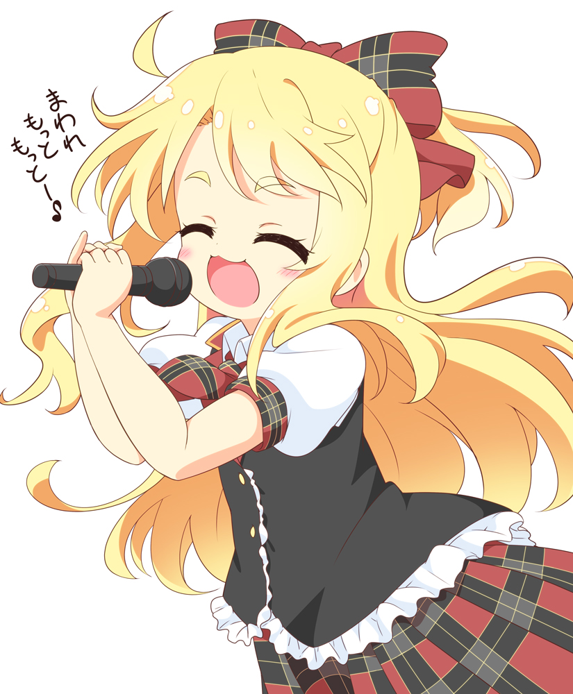 1girl black_jacket blonde_hair blush bow child closed_eyes hair_bow himesaka_noa holding holding_microphone jacket long_hair microphone music open_mouth pila-pela plaid plaid_bow plaid_skirt puffy_short_sleeves puffy_sleeves short_sleeves simple_background singing skirt solo translation_request watashi_ni_tenshi_ga_maiorita! white_background white_sleeves