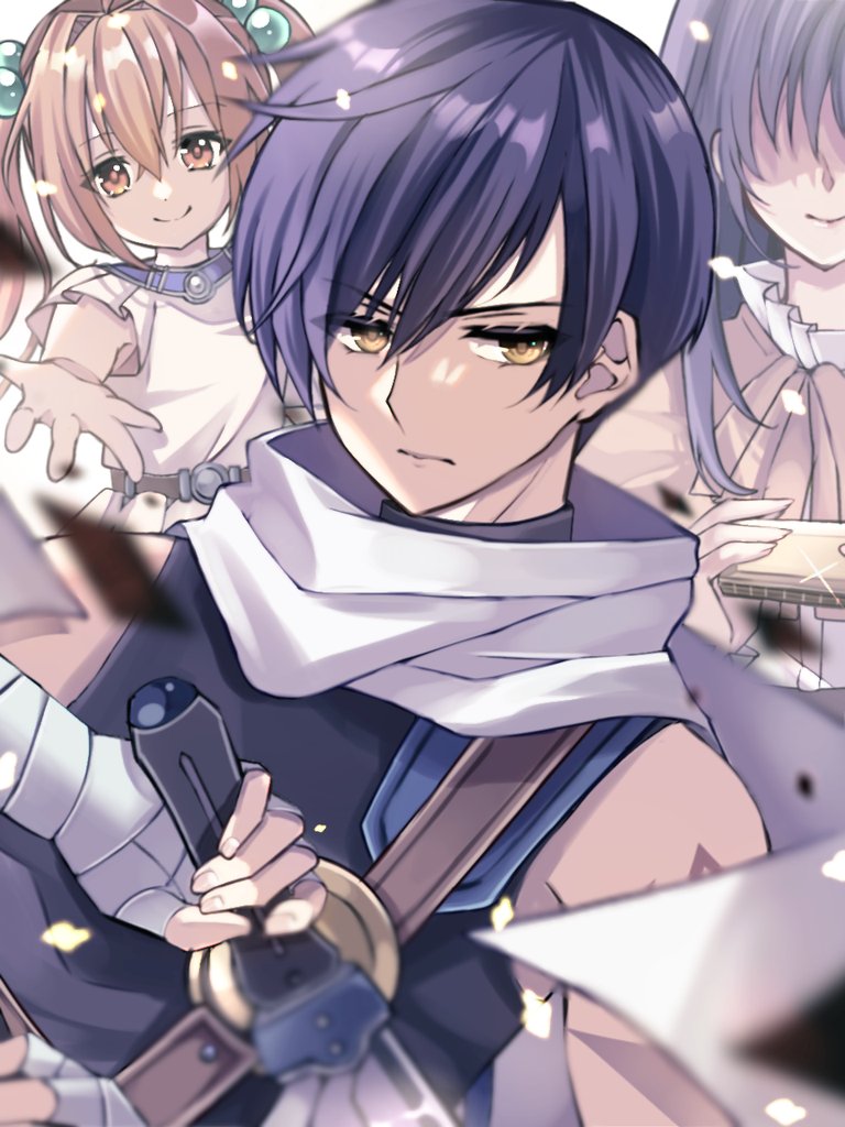 1boy 2girls bandaged_arm bandages black_hair brown_eyes brown_hair double-parted_bangs eiyuu_densetsu estelle_bright hair_between_eyes hair_over_eyes harmonica holding holding_instrument holding_sword holding_weapon instrument joshua_bright karin_astray long_hair looking_at_viewer multiple_girls natsusechoco parted_bangs scarf sidelocks smile sora_no_kiseki sword twintails weapon yellow_eyes