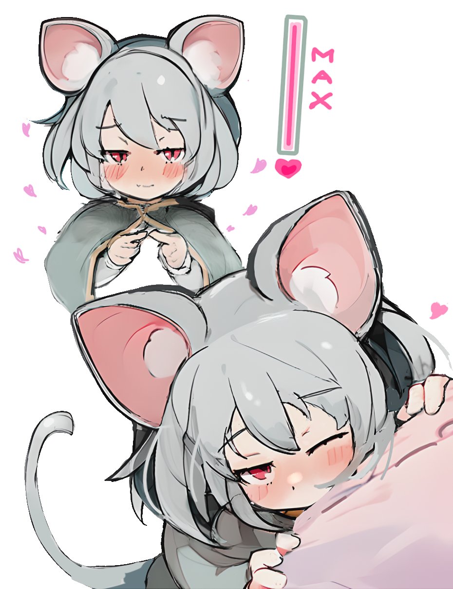 1girl affection_meter affectionate animal_ear_fluff animal_ears blush capelet english_text grey_hair heart highres index_fingers_together jewelry large_ears long_sleeves looking_at_viewer mouse_ears mouse_tail nazrin one_eye_closed pendant red_eyes simple_background tail touhou white_background yoshiyuki_(14330975)