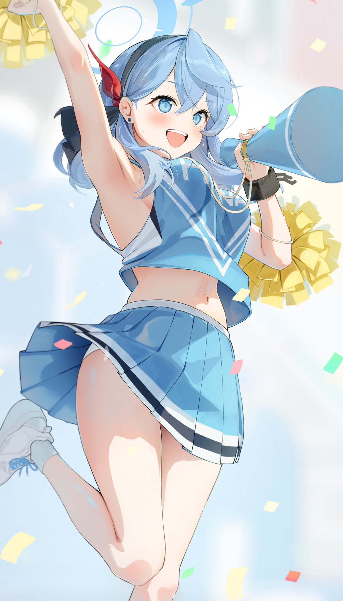 1girl ako_(blue_archive) alternate_costume arm_up armpits auui black_hairband blue_archive blue_eyes blue_hair blue_shirt blue_skirt cheerleader cross-laced_footwear earrings hair_between_eyes hairband halo highres jewelry medium_hair midriff navel open_mouth panties shirt shoes skirt sleeveless sleeveless_shirt smile socks solo standing standing_on_one_leg stud_earrings sweat teeth thighs underwear upper_teeth_only white_footwear white_panties white_socks