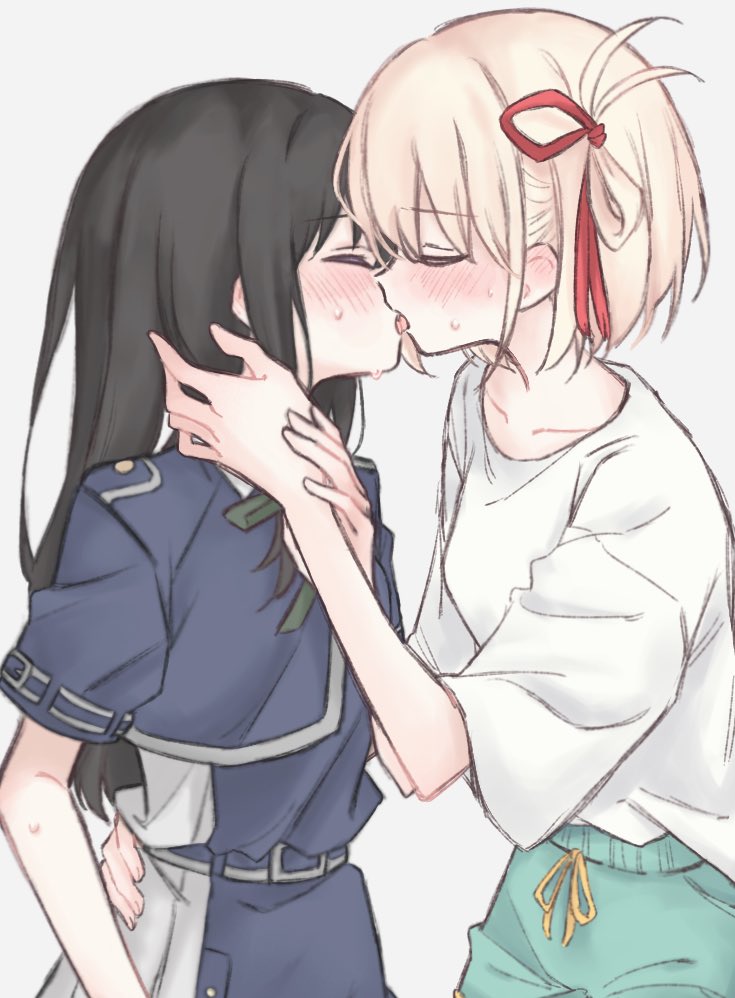 2girls black_hair blonde_hair blue_dress blue_shorts blush closed_eyes commentary_request dress french_kiss grey_background hair_ribbon hand_on_another's_neck hand_on_another's_waist hand_on_another's_wrist inoue_takina kiss long_hair lycoris_recoil lycoris_uniform medium_hair multiple_girls nishikigi_chisato one_side_up red_ribbon ribbon shirt short_sleeves shorts simple_background sweat syonosuke9573 tongue white_shirt yuri