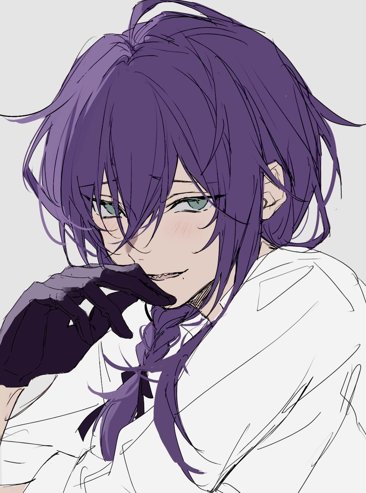 1boy aqua_eyes ayase_mayoi black_gloves black_ribbon braid ehsl177 ensemble_stars! from_side gloves hair_over_shoulder hand_to_own_mouth highres light_blush looking_at_viewer male_focus mole mole_under_mouth parted_lips portrait purple_hair ribbon sharp_teeth shirt shy single_braid smirk solo teeth upper_teeth_only white_shirt