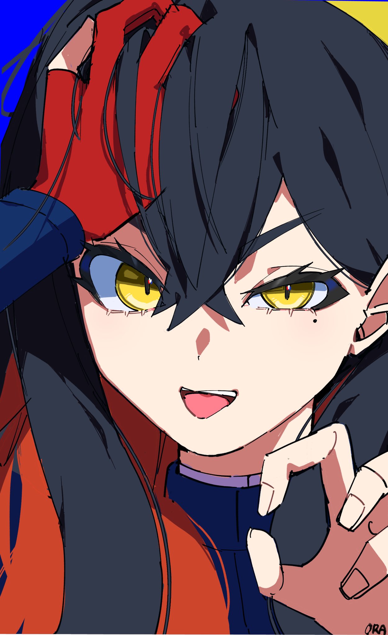 1girl artist_name carmine_(pokemon) claw_pose commentary_request crossed_bangs eyelashes gloves hair_between_eyes hand_up highres jacket long_sleeves looking_at_viewer mole mole_under_eye open_mouth ora_(oraora_oekaki) partially_fingerless_gloves pokemon pokemon_sv portrait red_gloves single_glove solo teeth tongue upper_teeth_only yellow_eyes