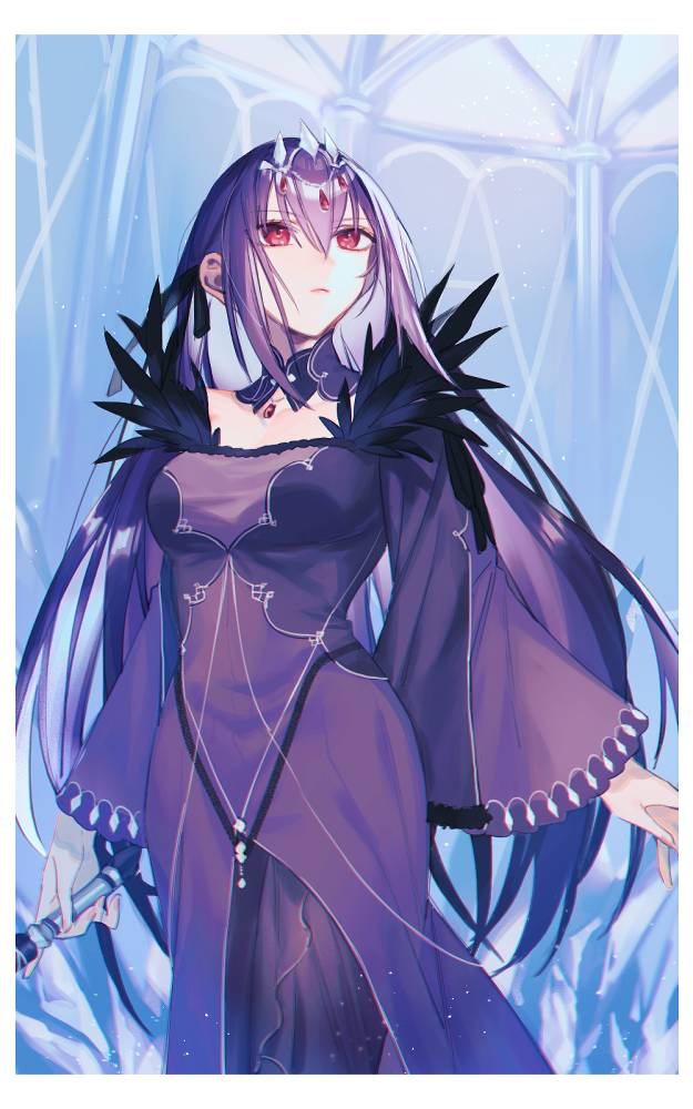 1girl bare_shoulders breasts cleavage detached_collar dress fate/grand_order fate_(series) feather_trim hair_between_eyes jewelry katagiri_(mighty_swing) large_breasts long_hair long_sleeves looking_up pantyhose pendant purple_dress purple_hair purple_pantyhose red_eyes scathach_(fate) scathach_skadi_(fate) solo tiara wand