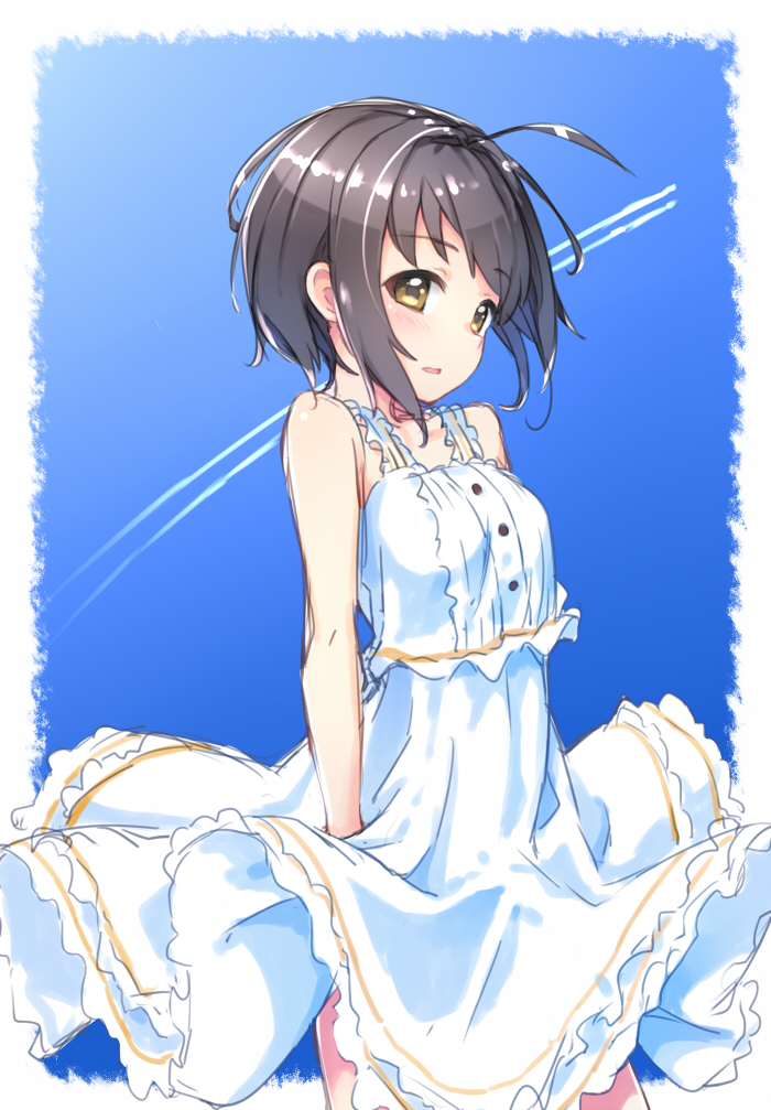 1girl ahoge bare_shoulders black_hair blue_sky blush breasts contrail cowboy_shot dress frilled_dress frills idolmaster idolmaster_cinderella_girls kohinata_miho kuresuku_(lessons) looking_at_viewer looking_to_the_side outside_border parted_lips short_hair sidelocks sky sleeveless small_breasts solo standing straight_hair white_dress wind wind_lift yellow_eyes