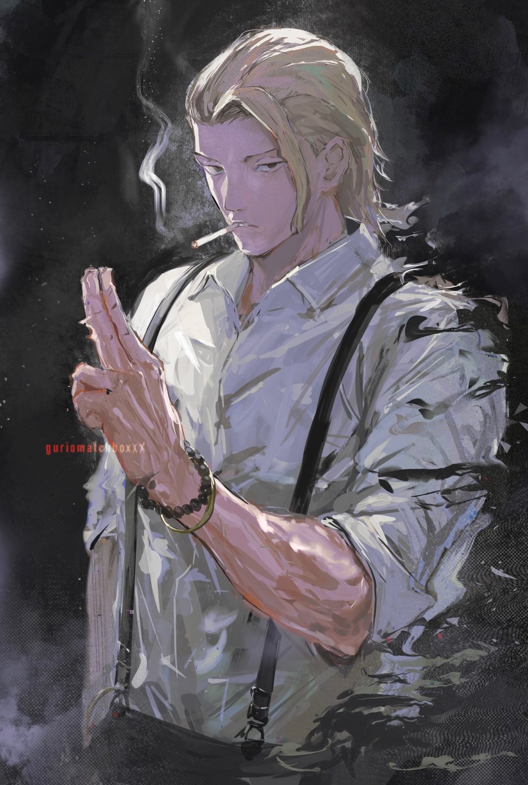 1boy artist_name blonde_hair collared_shirt dissolving fading guri_otoko hair_slicked_back hand_gesture hand_in_pocket highres kagurabachi looking_at_viewer shiba_(kagurabachi) shirt sleeves_rolled_up smoke_trail smoking suspenders white_shirt