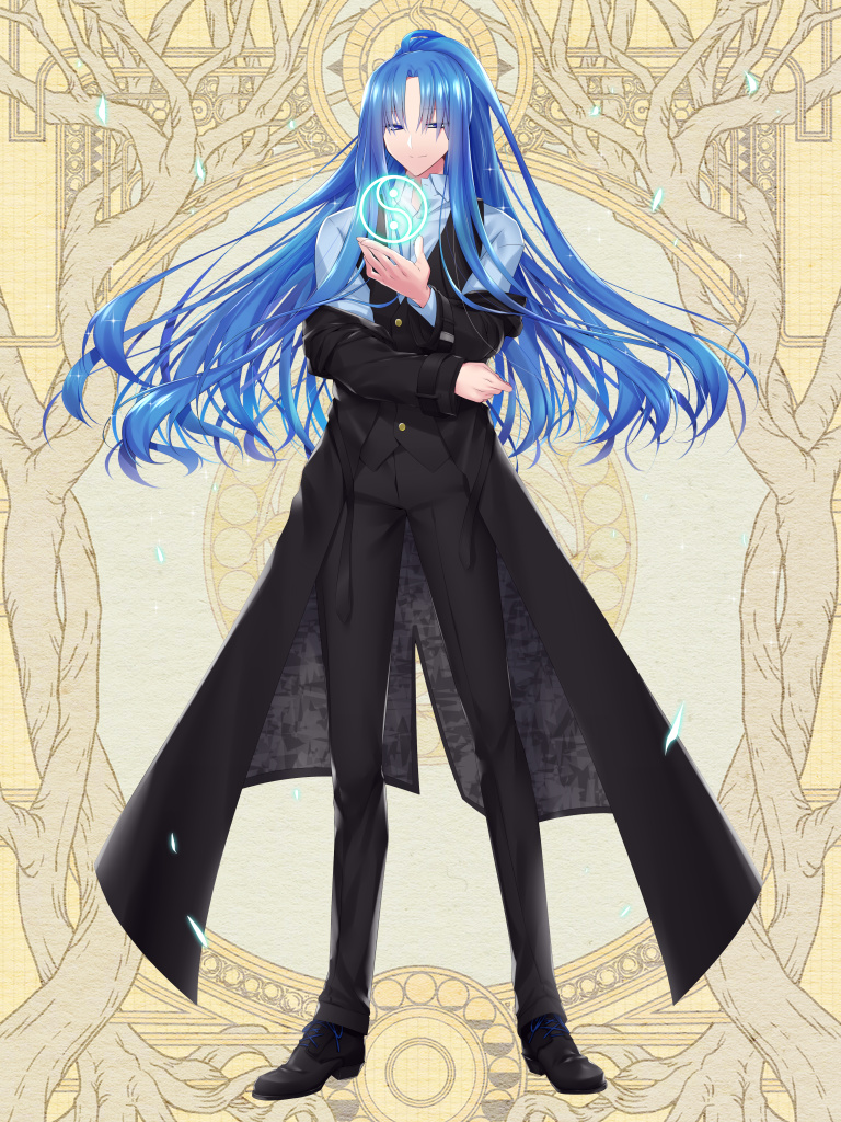 1boy black_coat black_footwear black_pants black_vest blue_eyes blue_hair blue_shirt closed_mouth coat collared_shirt cross-laced_footwear dairoku_ryouhei full_body half-closed_eyes hand_on_own_elbow iris_northwind long_hair long_sleeves looking_at_viewer male_focus off_shoulder open_clothes open_coat open_collar open_hand orb pants parted_bangs ranuki shards shirt shoes smile solo standing vest wide_ponytail yellow_eyes yin_yang yin_yang_orb