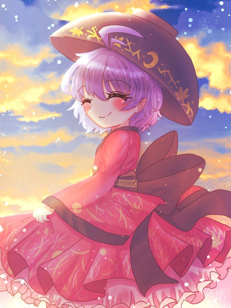 1girl ahoge black_hat bowl bowl_hat closed_eyes closed_mouth cloud commentary_request frilled_kimono frills hat japanese_clothes jarotan_kolkol kimono light_particles long_sleeves outdoors purple_hair red_kimono sash short_hair smile solo sukuna_shinmyoumaru touhou wide_sleeves