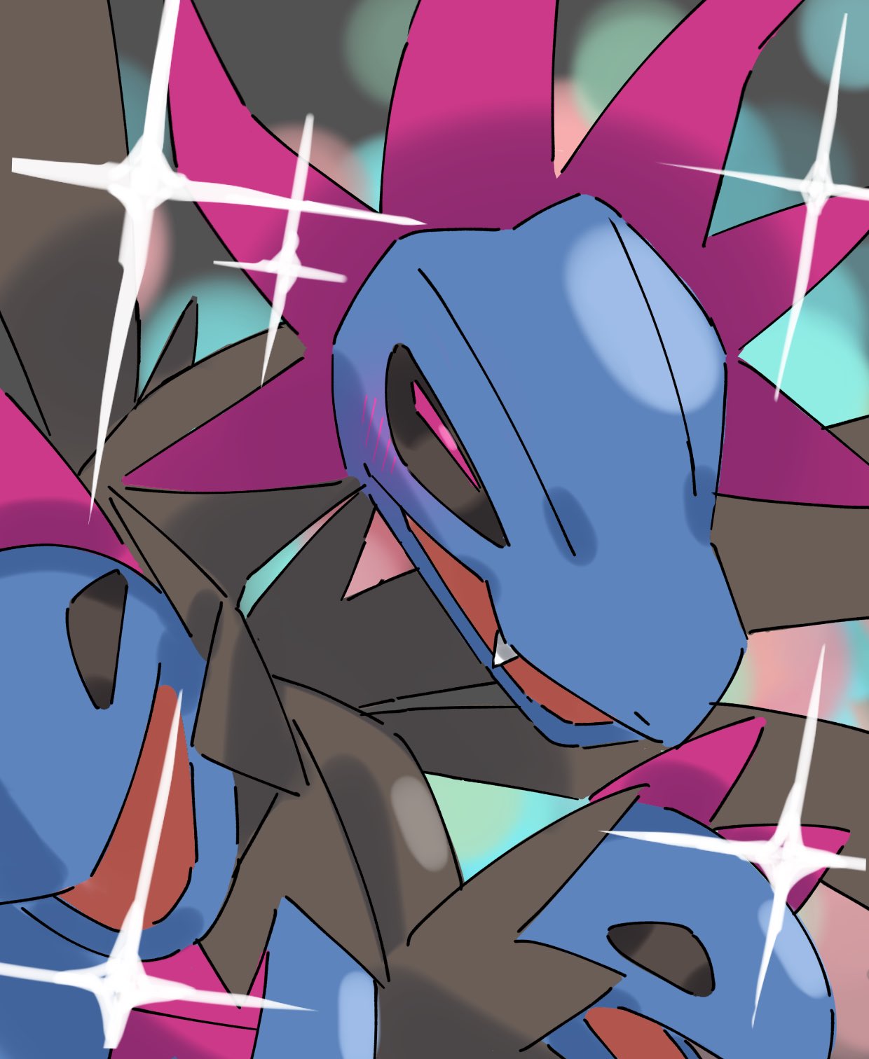 :d blurry blurry_background blush bright_pupils fang highres hydreigon no_humans open_mouth ora_(oraora_oekaki) pink_eyes pokemon pokemon_(creature) smile solo sparkle