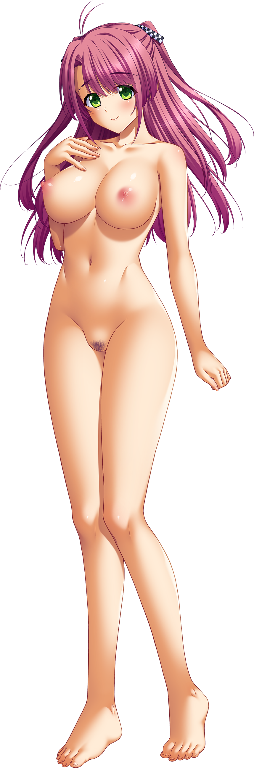 1girl absurdres asymmetrical_bangs barefoot breasts completely_nude female_pubic_hair full_body green_eyes highres huge_breasts kurasawa_ayana kutsujoku long_hair mizushima_oonari navel nipples non-web_source nude official_art photoshop_(medium) pink_hair pubic_hair smile solo standing tachi-e transparent_background two_side_up