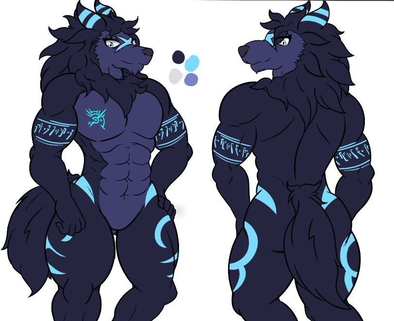 abs anthro biceps blue_body blue_eyes blue_fur canid canine canis fur horn kindred_(lol) league_of_legends male mammal model_sheet muscular rear_view riot_games scar solo tail wolf wolf_(lol) zak_hitsuji