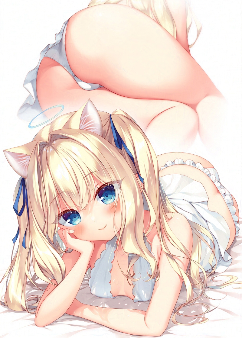 1girl aimyu animal_ear_fluff animal_ears ass bare_arms bare_shoulders bed_sheet blonde_hair blue_eyes blush breasts cat_ears closed_mouth commentary_request daten_keikaku frilled_panties frills hair_between_eyes hair_intakes halo long_hair looking_at_viewer multiple_views panties sazaki_ichiri small_breasts smile two_side_up underwear white_background white_panties