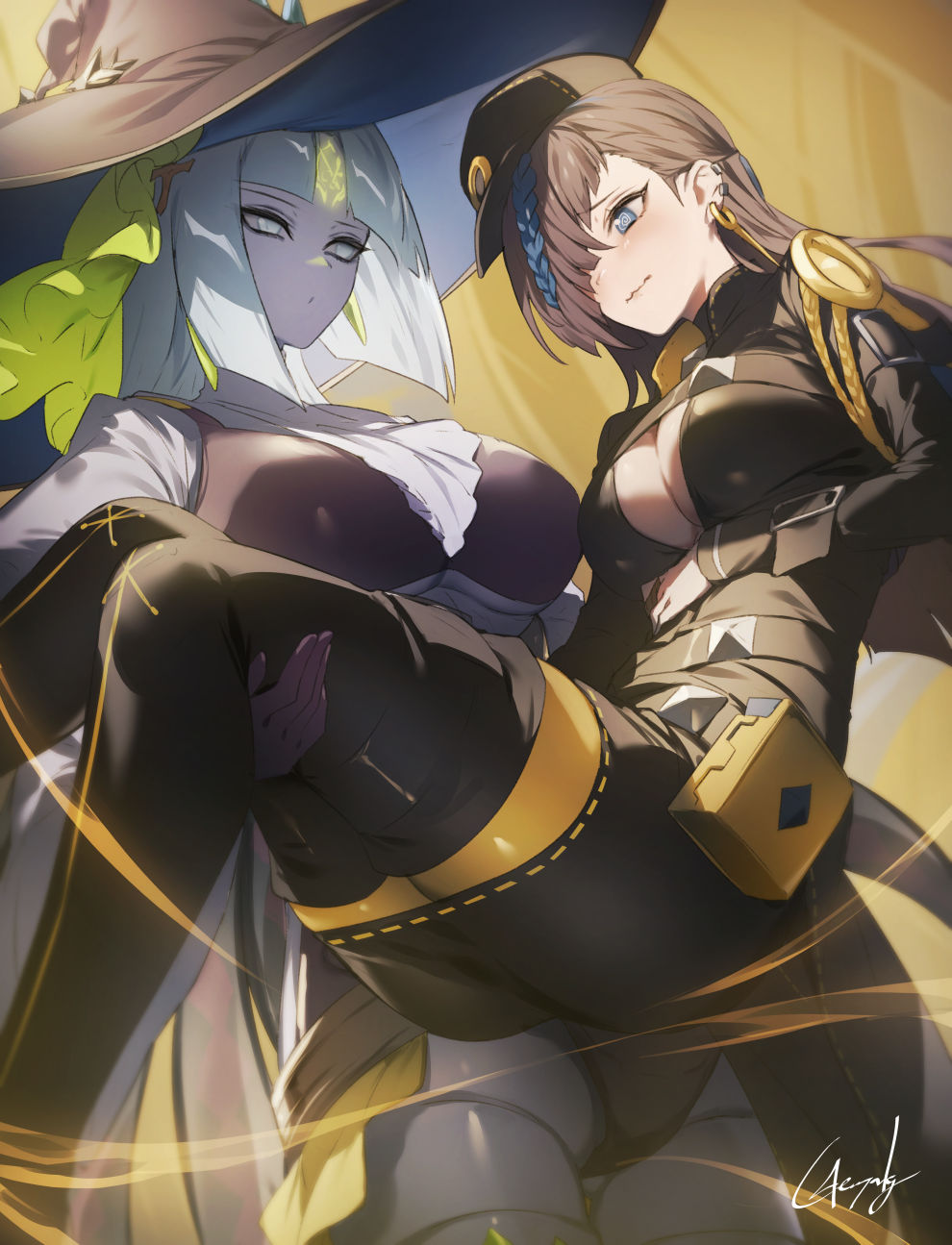 2girls blue_eyes blue_hair blunt_bangs braid breasts brown_hair choker cleavage colored_skin doll_joints duel_monster genyaky hair_over_one_eye hat highres joints large_breasts long_hair long_sleeves multicolored_hair multiple_girls streaked_hair thighhighs witch_hat witchcrafter_golem_aruru witchcrafter_haine yu-gi-oh!