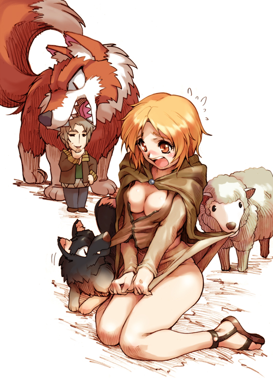 1girl animal blonde_hair breasts cleavage craft_lawrence dog enekk hisahiko holo large_breasts nora_arento orange_eyes sheep skirt skirt_pull skirt_tug spice_and_wolf wolf