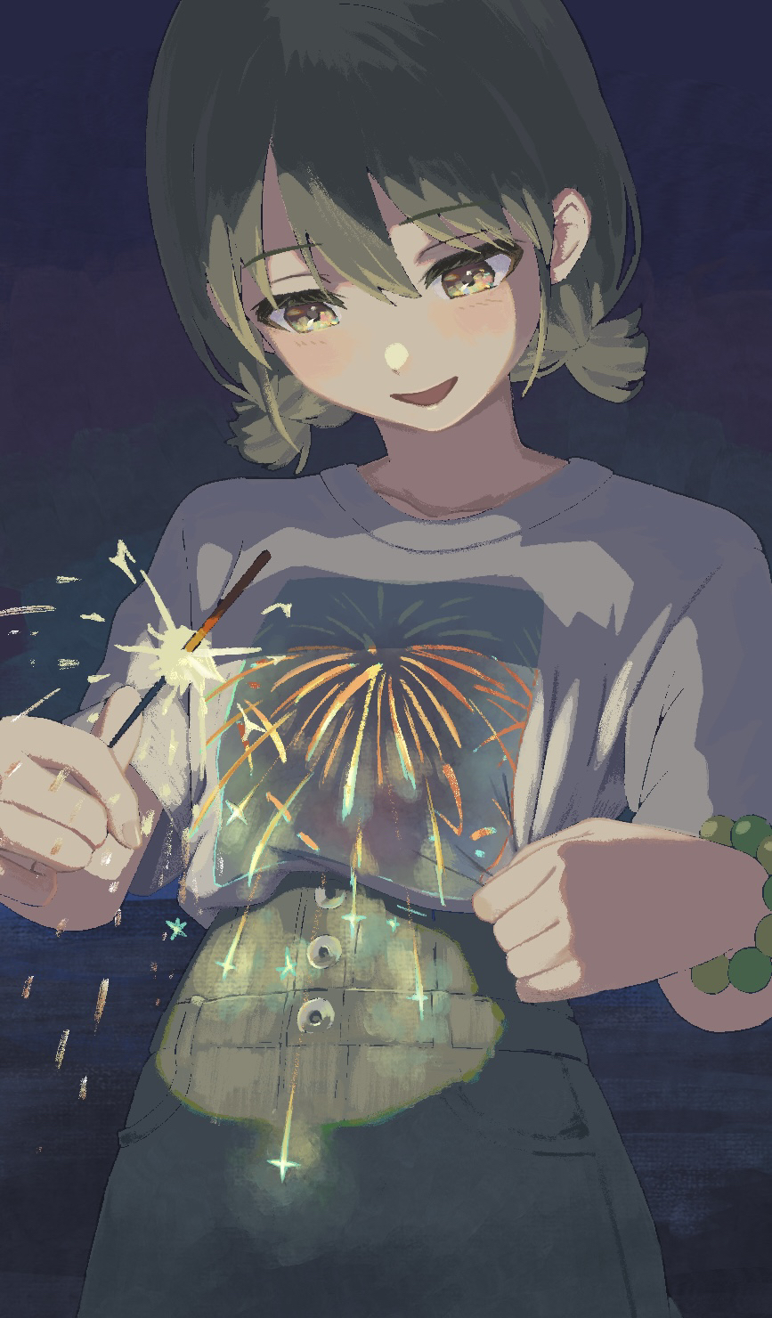 1girl blush bracelet commentary fireworks green_hair highres holding_fireworks idolmaster idolmaster_shiny_colors jewelry looking_at_object nanakusa_nichika shirt short_sleeves short_twintails smile solo sparkler symbol-only_commentary takada_(pixiv_97599311) twintails white_shirt