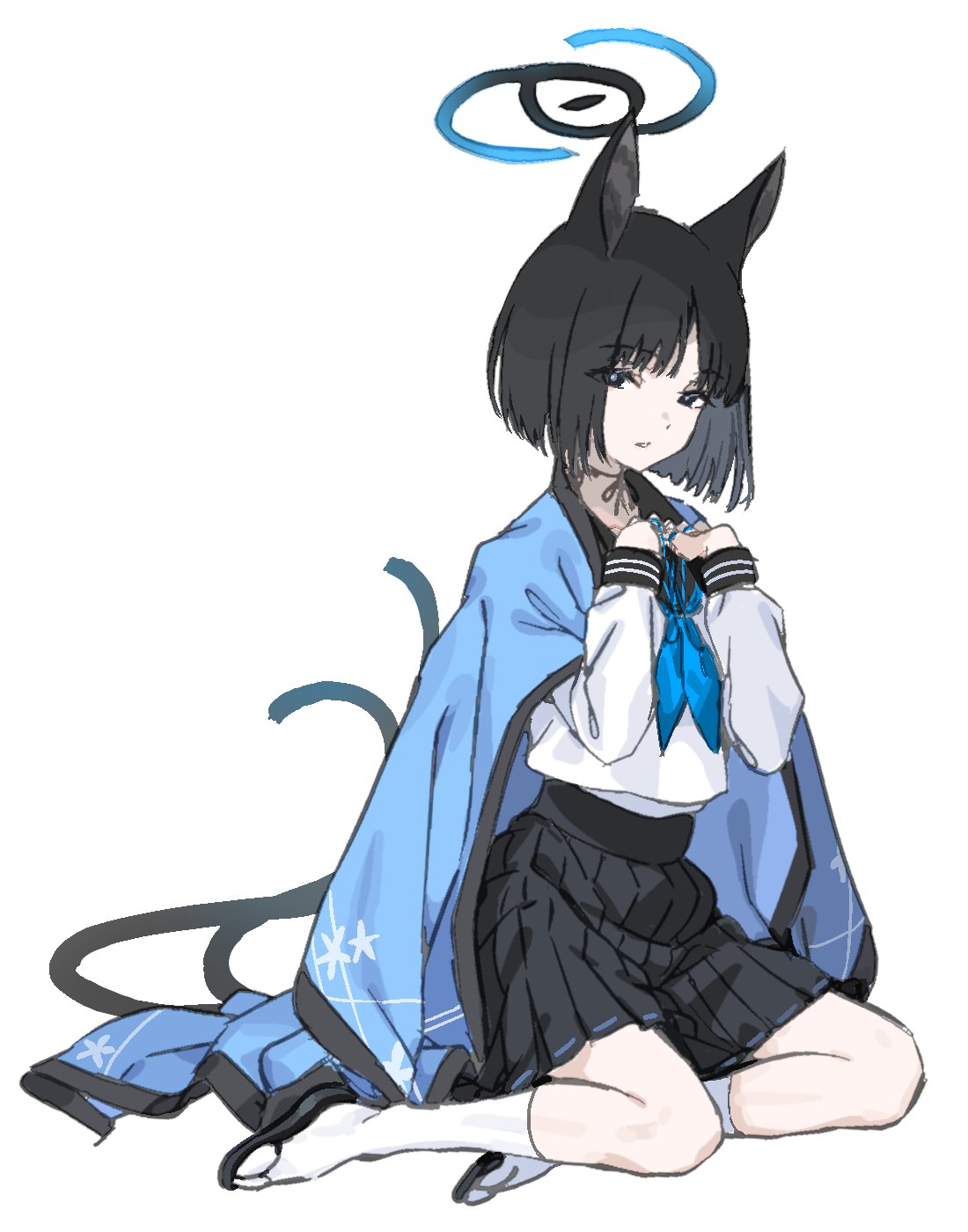 1girl animal_ears black_eyes black_hair black_skirt black_tail blue_archive blue_neckerchief cat_girl full_body haimura_kiyotaka halo hands_up highres kikyou_(blue_archive) long_sleeves looking_at_viewer neckerchief nekomata parted_lips sandals school_uniform shirt short_hair simple_background skirt socks solo white_background white_shirt white_socks