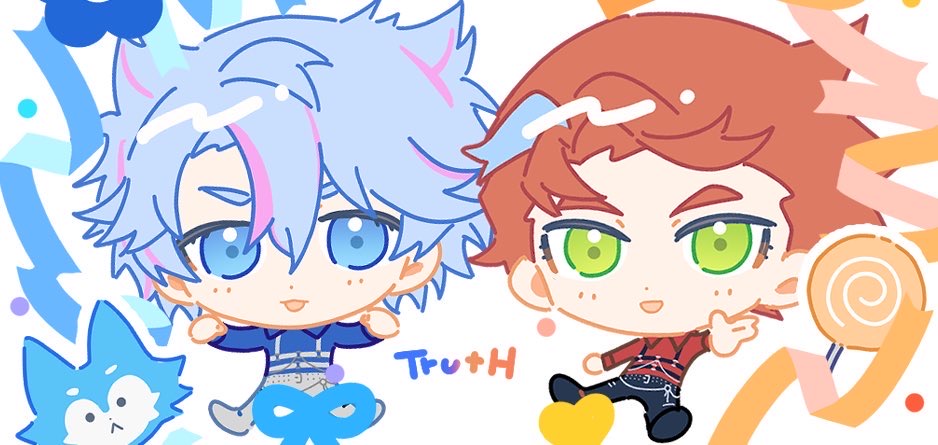 2boys black_pants blue_eyes blue_hair blue_shirt candy chibi collared_shirt commentary_request food full_body green_eyes group_name hair_between_eyes hughie_(pretty_series) ibuki_touma ibuki_touma_(primagista) lollipop long_sleeves looking_at_viewer male_focus moshao_(sarada1717) multicolored_hair multiple_boys open_mouth orange_hair pants pink_hair pretty_series red_shirt shirt short_hair smile standing streaked_hair swirl_lollipop waccha_primagi!