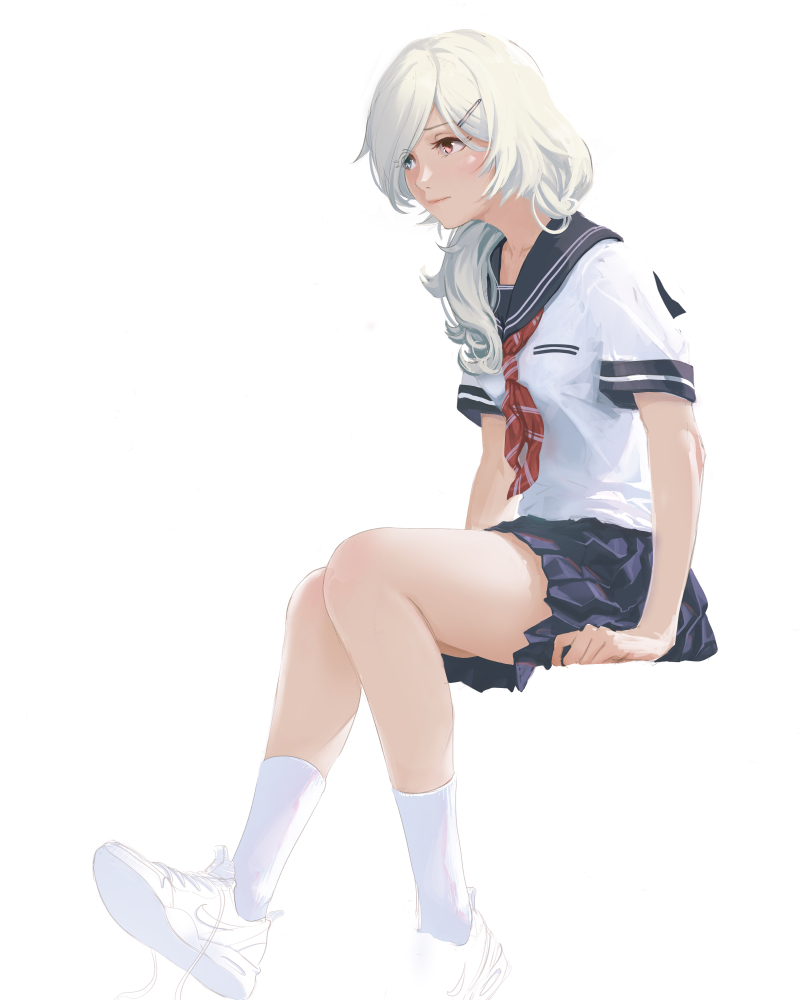 1girl black_sailor_collar black_skirt blue_eyes brown_eyes closed_mouth full_body hair_ornament hairclip heterochromia ker0nit0 long_hair neckerchief nike_(company) original pleated_skirt red_neckerchief sailor_collar school_uniform serafuku shirt shoes short_sleeves simple_background sitting skirt sneakers socks solo white_background white_footwear white_hair white_shirt white_socks