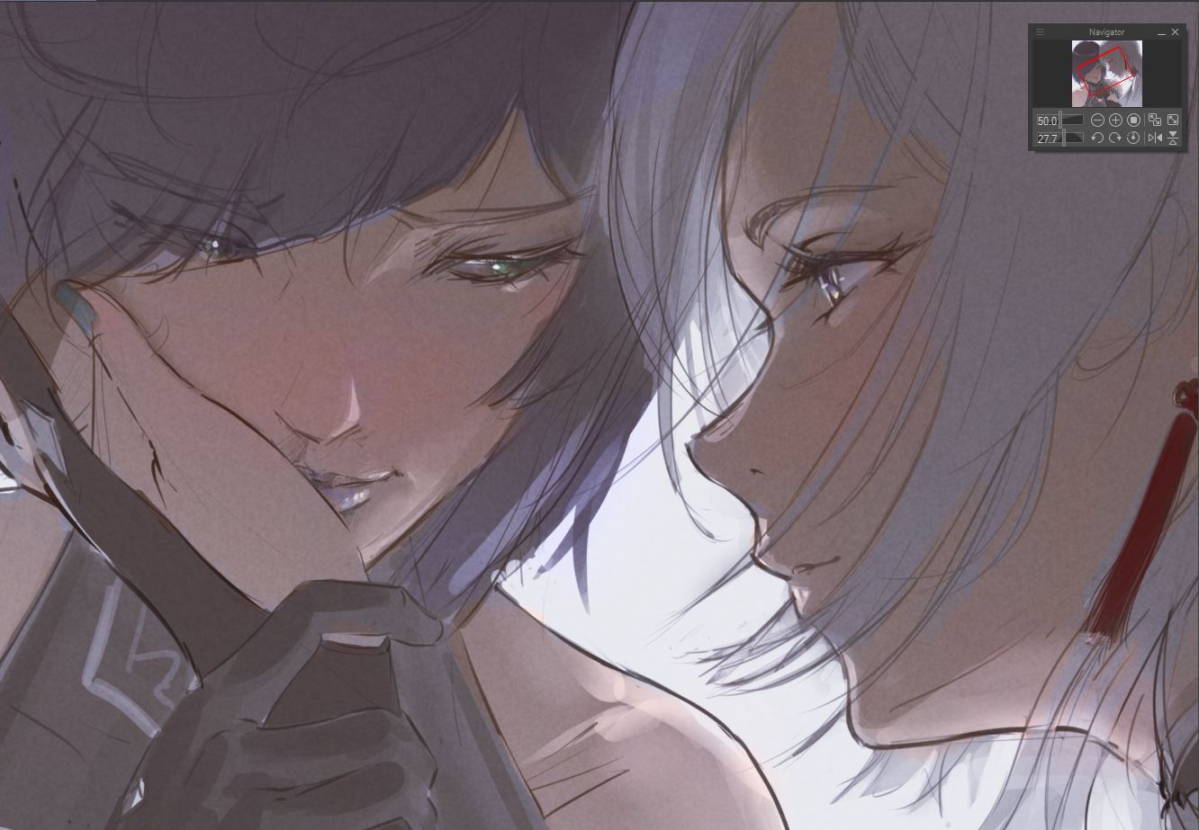 2girls art_program_in_frame bare_shoulders black_gloves blue_nails closed_mouth earrings eye_contact genshin_impact gloves green_eyes grey_background hand_on_another's_face jewelry ker0nit0 looking_at_another multiple_girls partially_fingerless_gloves portrait purple_hair shenhe_(genshin_impact) simple_background smile unfinished white_hair yelan_(genshin_impact) yuri