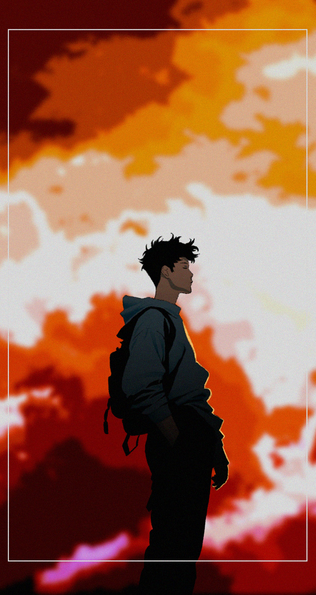 1boy backpack bag black_hair closed_eyes cloud expressionless from_side hand_in_pocket highres hood hoodie ishihama_masashi male_focus original profile sky solo twilight