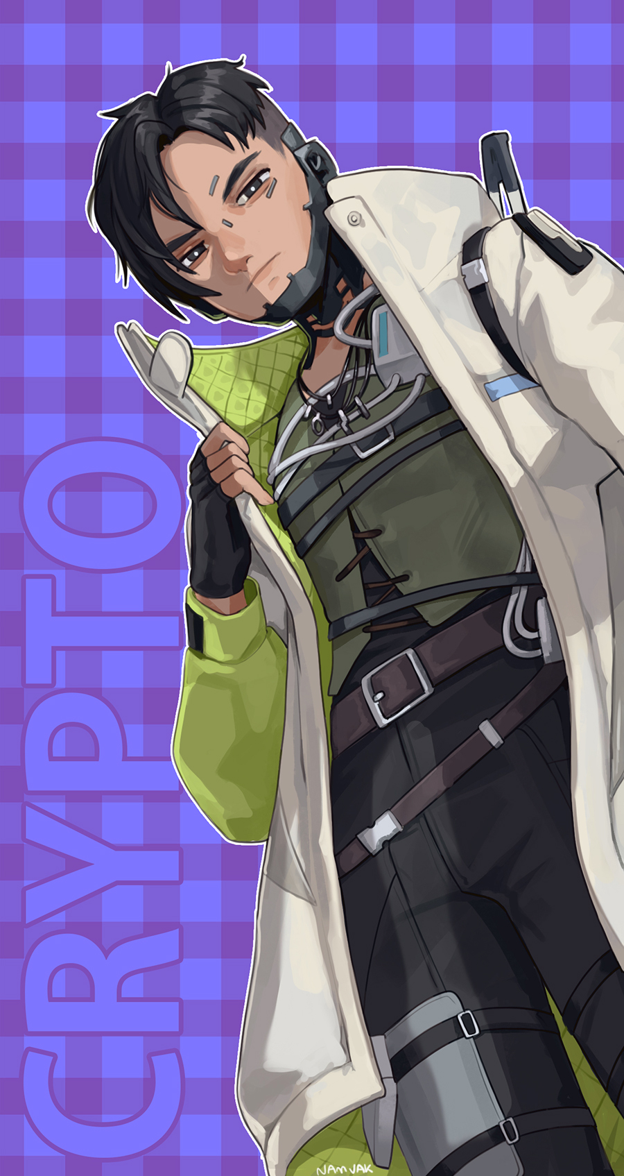 1boy animification apex_legends artist_name belt black_eyes black_gloves black_hair black_pants black_shirt brown_belt cable character_name commentary crypto_(apex_legends) fingerless_gloves gloves green_vest highres jacket light_frown looking_at_viewer male_focus namjak pants plaid plaid_background purple_background shirt solo symbol-only_commentary vest white_jacket