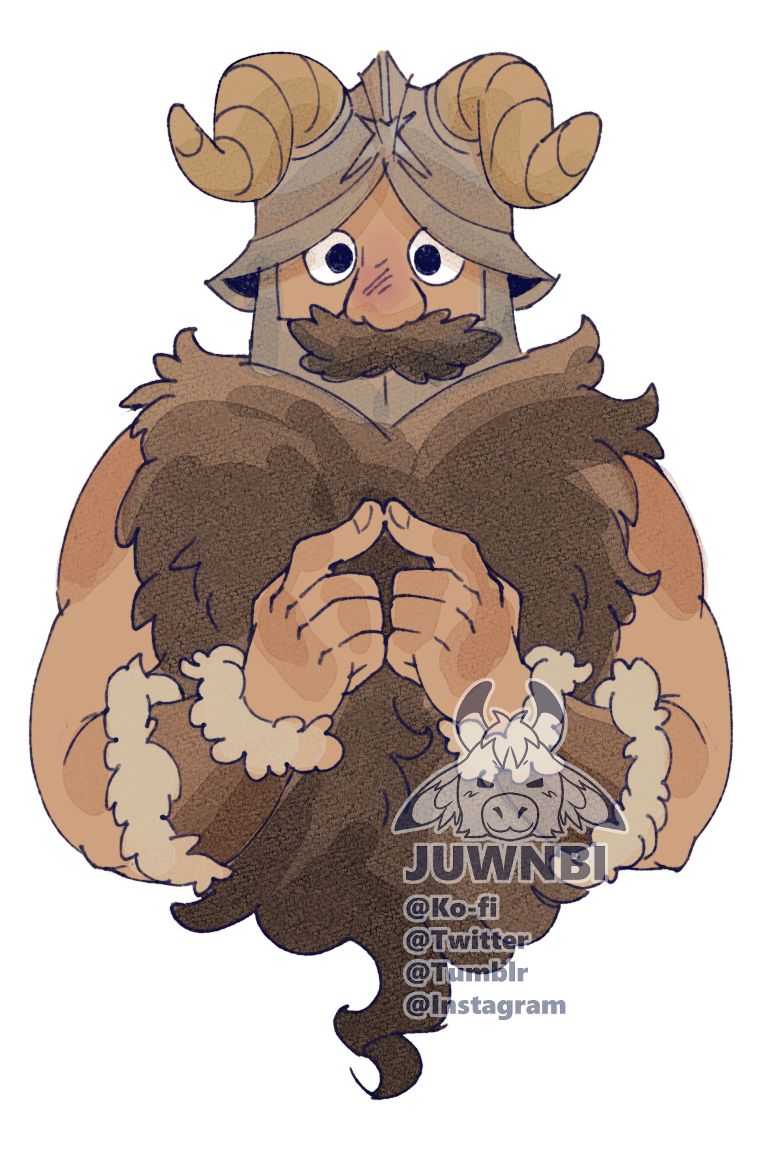 1boy beard brown_hair brown_theme cropped_torso dungeon_meshi dwarf facial_hair fake_horns fidgeting helmet horned_helmet horns index_finger_raised long_beard looking_at_viewer male_focus senshi_(dungeon_meshi) solo straight-on tai_(juwnbi) thick_mustache toned toned_male very_long_beard