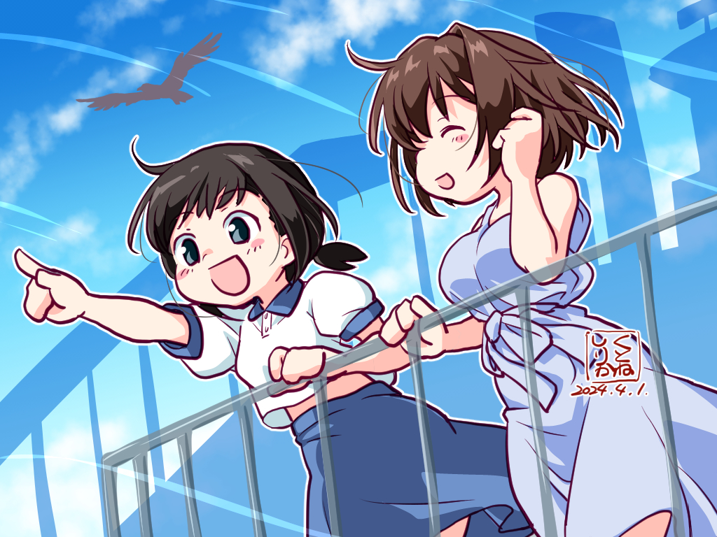 2girls artist_logo bird black_hair blue_dress blue_eyes blue_sky brown_hair closed_eyes cloud commentary_request dated dress feet_out_of_frame fubuki_(kancolle) furutaka_(kancolle) kantai_collection kutone_shirika low_ponytail medium_hair multiple_girls official_alternate_costume pointing railing short_hair short_ponytail sky smile