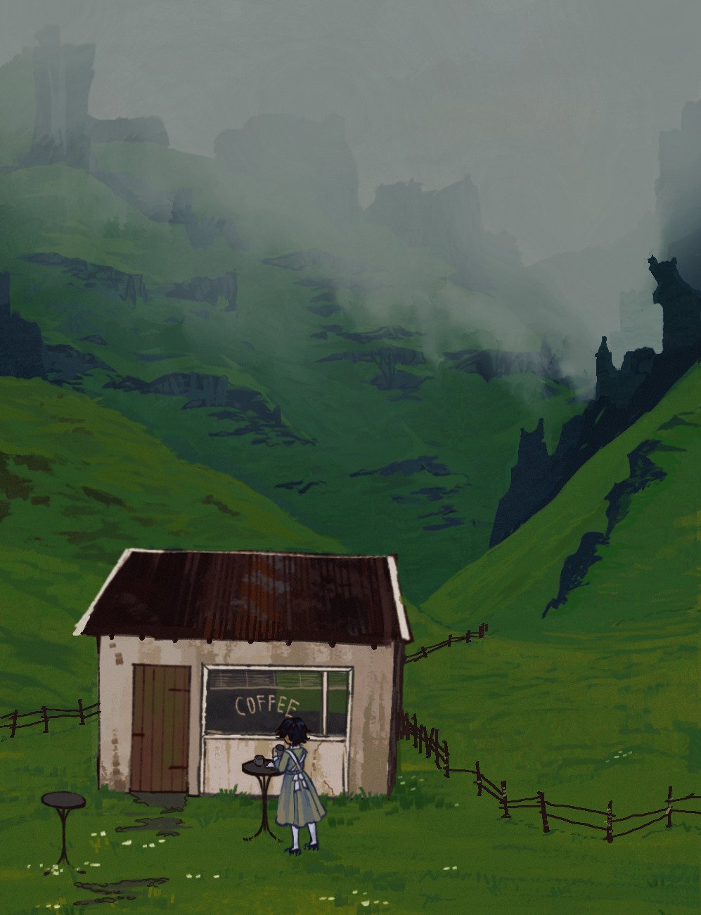 1girl cafe door fence fog grass highres hill house io_(onisarashi) mountain original outdoors scenery sky solo table