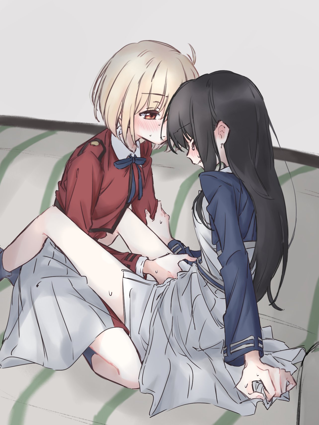 2girls between_legs black_hair blonde_hair blue_dress blue_ribbon blush closed_eyes closed_mouth commentary_request couch crying dress fingering hand_on_another's_arm highres inoue_takina long_hair long_sleeves looking_at_another lycoris_recoil lycoris_uniform medium_hair multiple_girls neck_ribbon nishikigi_chisato on_couch pleated_skirt red_dress red_eyes ribbon sitting skirt sweat syonosuke9573 tears yuri