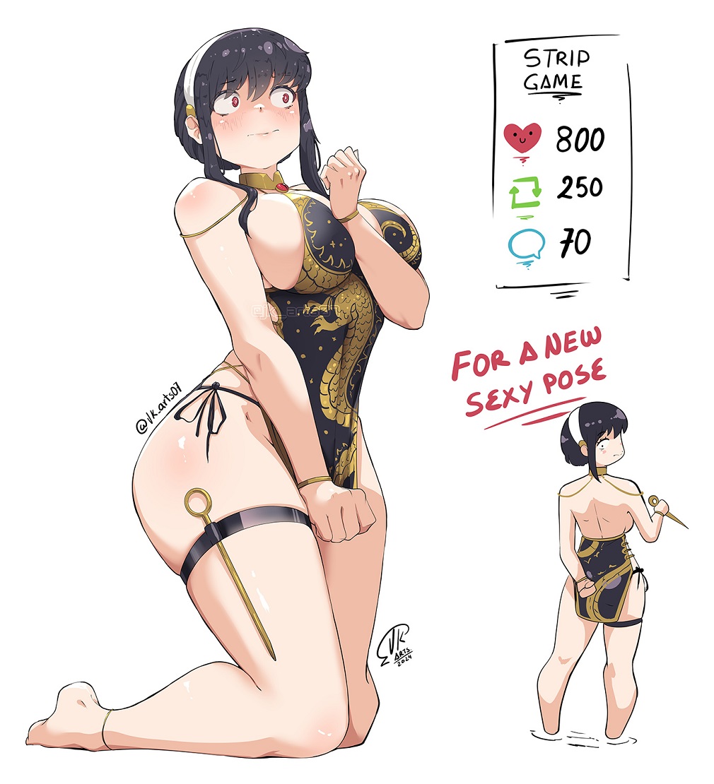1girl black_dress black_hair breasts china_dress chinese_clothes closed_mouth dagger dragon_print dress gold_bracelet gold_collar hairband jk_arts knife large_breasts median_furrow meme multiple_views red_eyes side-tie_dress sidelocks signature spy_x_family stiletto_(weapon) thigh_strap twitter_strip_game_(meme) twitter_username watermark weapon white_hairband yor_briar