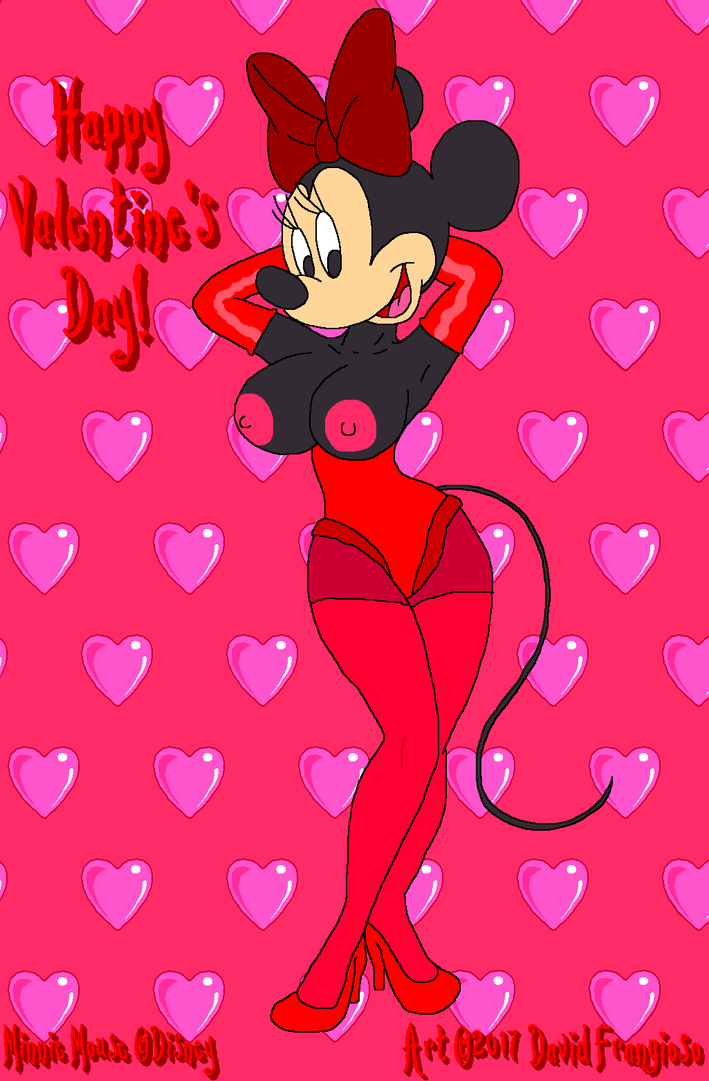 &lt;3 2017 areola armpits breasts cleavage clothed clothing david_frangioso disney female footwear gloves high_heels holidays mammal minnie_mouse mouse nipples pinup pose rodent shoes solo topless valentine's_day