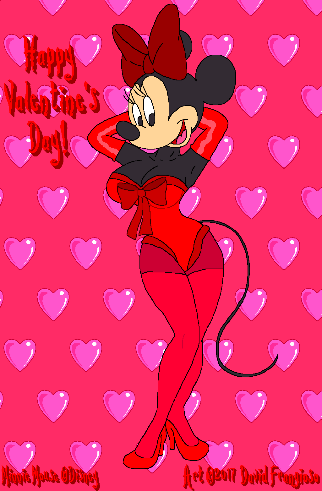 &lt;3 2017 armpits breasts cleavage clothed clothing david_frangioso disney female footwear gloves high_heels holidays mammal minnie_mouse mouse pinup pose rodent shoes solo valentine's_day
