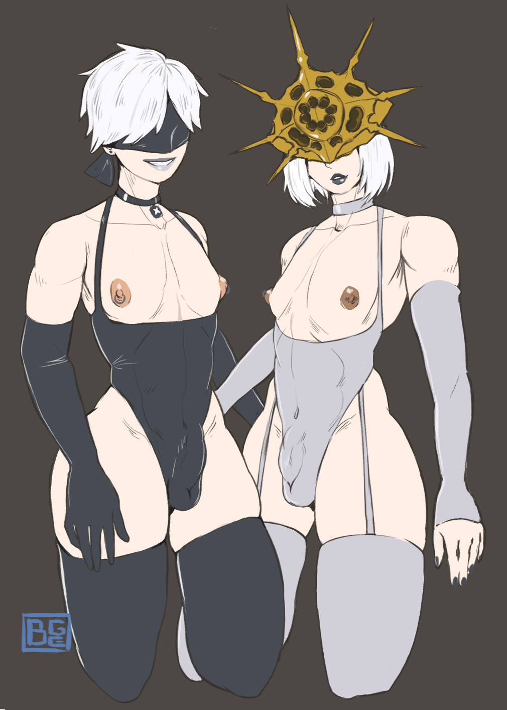 blindfold bulge choker dark_souls_(series) dark_souls_i dark_sun_gwyndolin elbow_gloves fingerless_gloves from_software garter_straps gloves headgear highres nipple_piercing nipple_rings nipples otoko_no_ko penis piercing thick_thighs thighhighs thighs white_hair yorha_no._9_type_s