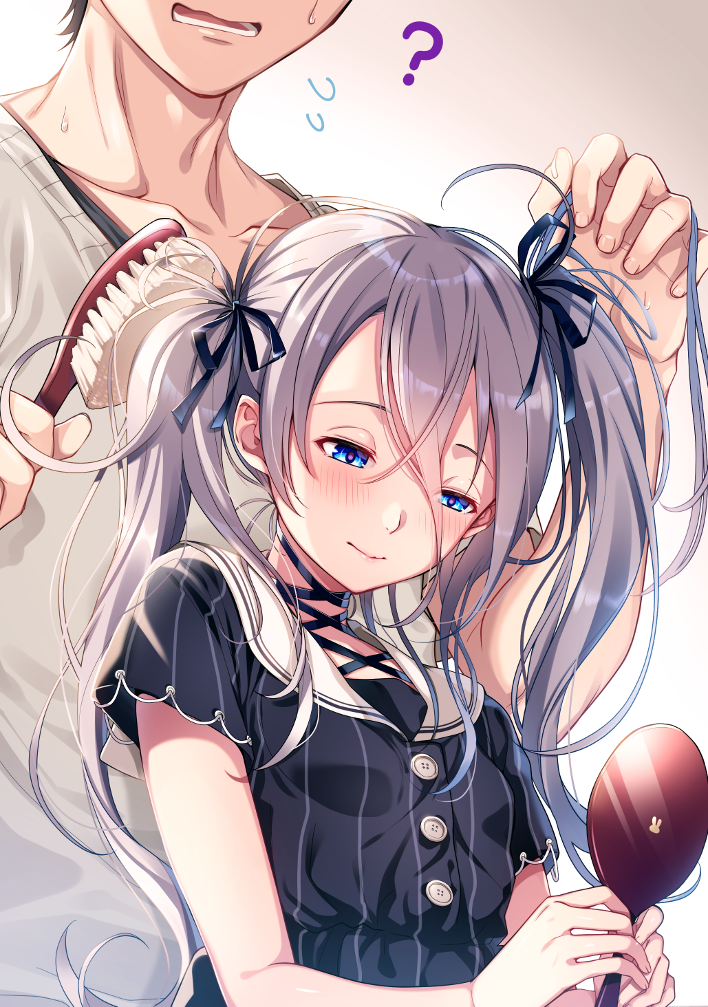 1girl ? blue_eyes blush breasts cut_(bu-kunn) flying_sweatdrops hair_brush hairdressing head_out_of_frame highres long_hair mirror open_mouth original sailor_collar silver_hair small_breasts smile teeth twintails