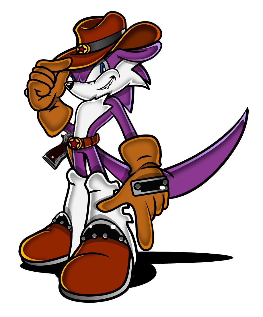 adoublea belt black_nose blue_eyes boots clothing footwear fur gloves grin hat nack_the_weasel purple_fur ranged_weapon simple_background smile sonic_(series) weapon white_background white_fur