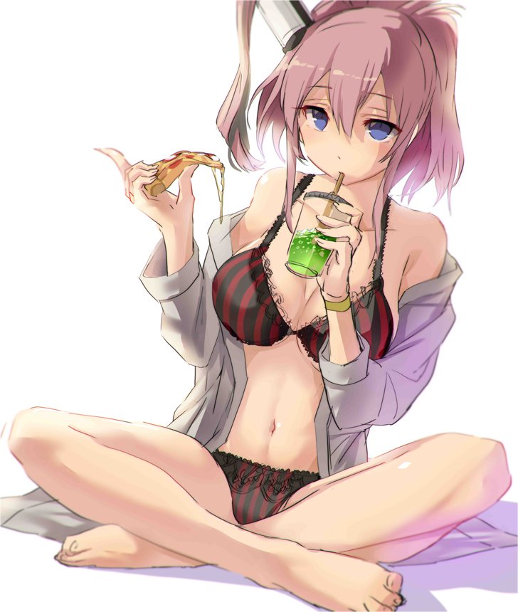 blue_eyes bra breasts collarbone commentary_request crossed_legs drink drinking_straw eyebrows_visible_through_hair food full_body grey_jacket hair_between_eyes hat holding_pizza jacket kantai_collection large_breasts long_hair looking_at_viewer navel off_shoulder panties pizza ponytail saratoga_(kantai_collection) satou_daiji shadow side_ponytail simple_background sitting smokestack solo striped striped_bra striped_panties underwear underwear_only white_background wristband