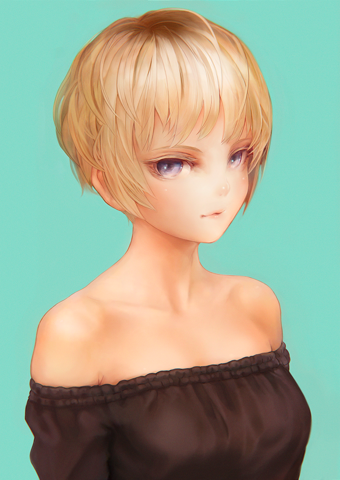 aqua_background bangs bare_shoulders blonde_hair breasts closed_mouth collarbone eyelashes lips looking_at_viewer medium_breasts off-shoulder_shirt off_shoulder original purple_eyes shirt short_hair simple_background solo tocope upper_body