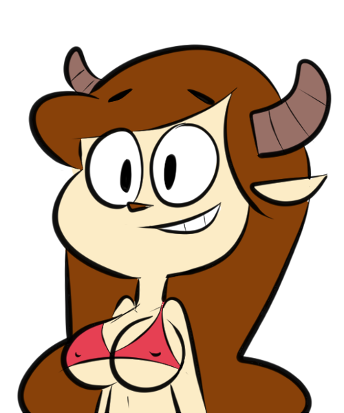 2017 anthro big_breasts bikini breasts brown_hair caprine chun-ni cleavage clothed clothing digital_media_(artwork) female goat hair horn long_hair looking_at_viewer mammal miracle_star nipples sb99 side_boob simple_background smile solo standing swimsuit teeth under_boob