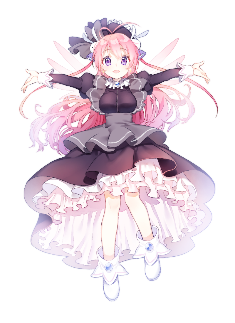 :d ankle_boots bad_id bad_pixiv_id black_dress boots bow bunny_hair_ornament dress eileen_(artist) full_body gown hair_ornament hat hat_bow juliet_sleeves long_hair long_sleeves looking_at_viewer misha_(pita_ten) open_mouth outstretched_arms pink_hair pita_ten puffy_sleeves purple_eyes smile solo spread_arms very_long_hair white_background white_footwear