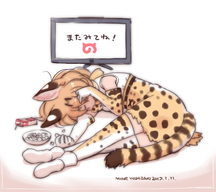 2017 animal_ears artist_name blonde_hair bowl commentary_request dated dress full_body japari_symbol juice_box kemono_friends lying on_side serval_(kemono_friends) serval_ears serval_print serval_tail short_hair simple_background sleeping solo tail television thighhighs white_background yoshizaki_mine