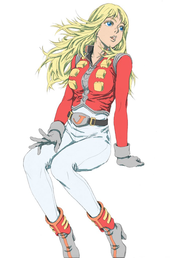 alfin arm_support belt belt_buckle blonde_hair blue_eyes boots buckle crusher_joe gloves high_heel_boots high_heels jacket long_hair long_sleeves looking_to_the_side mihoto_kouji oldschool open_mouth pants popped_collar red_jacket simple_background sitting solo tight tight_pants white_background white_pants