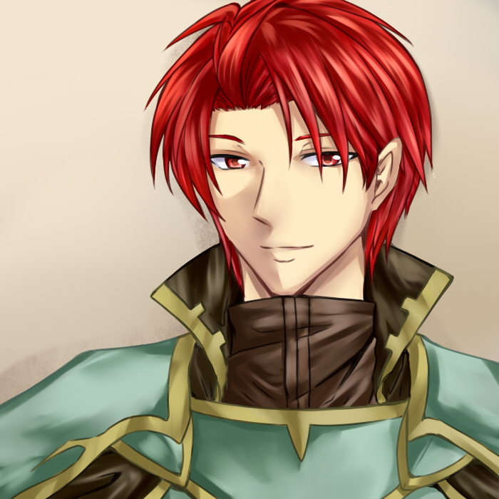 aiden_(formalhauto2) armor bangs collar fire_emblem fire_emblem:_seima_no_kouseki grey_background looking_at_viewer male_focus pauldrons red_eyes red_hair seth_(fire_emblem) shirt simple_background smile solo