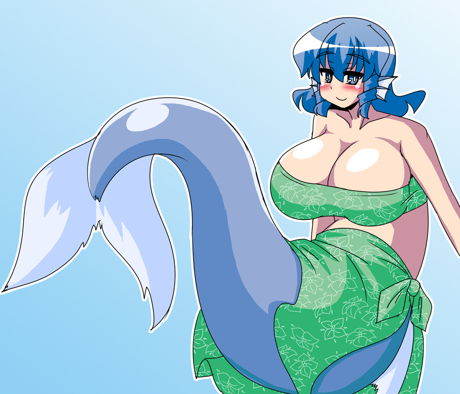 akasode_(tyaramu) bandeau bikini blue_eyes blue_hair blush breasts cleavage drill_hair full_body head_fins huge_breasts mermaid monster_girl sarong smile solo swimsuit touhou wakasagihime